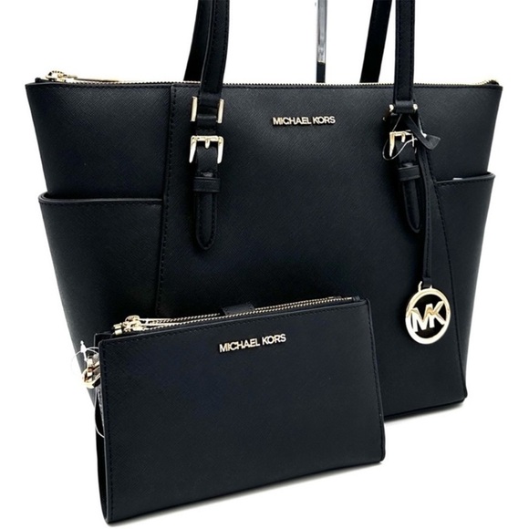 Michael Kors Large Charlotte Tote Bag & Large Double Zip Wallet Black - Picture 2 of 14